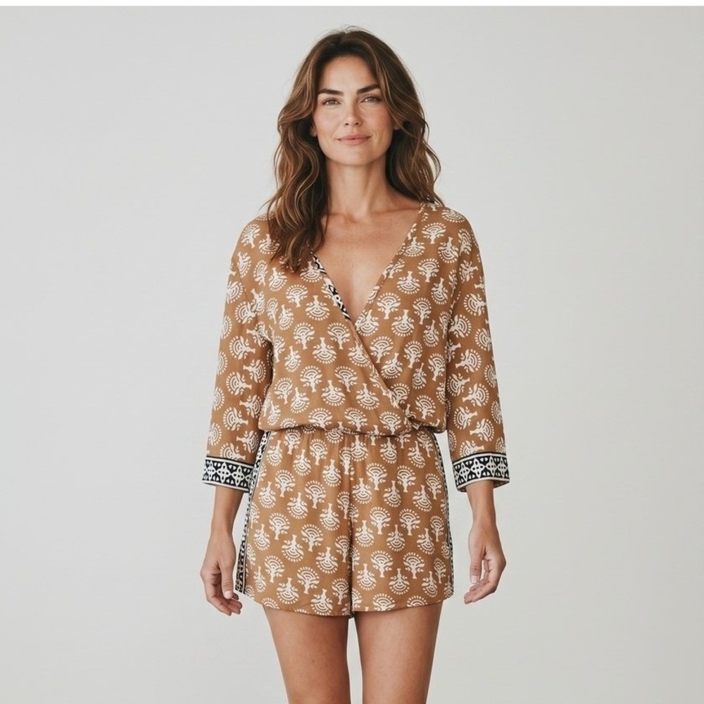 Elan Women Copper Brown Block Print V-Neck Romper Small Beach Resort Coverup